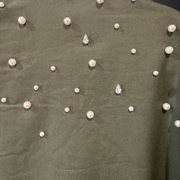River Island Khaki Pearl & Rhinestone Studded Zip Up Canvas Bomber Jacket Size S - Picture 7 of 12